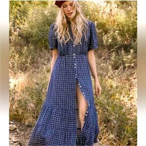 Doen Revi Dress Blue Cottage Plaid Maxi Dress Large EUC
